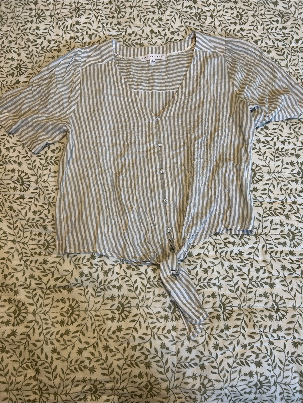 Jane and Delancey White and Green Striped Button-Down Tie-Front Top